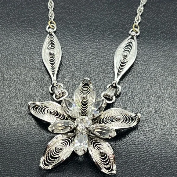 Am Lee sterling silver filigree rhinestone flower adjustable necklace rope chain - Picture 10 of 13